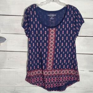 Lucky Brand Navy Aztec Design Scooped Hem Top
